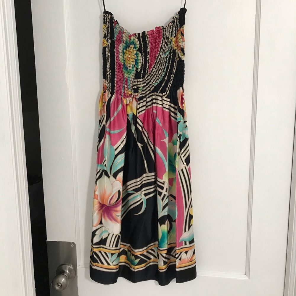 Caché Strapless Shirred Gold Foil Silk Dress | Small